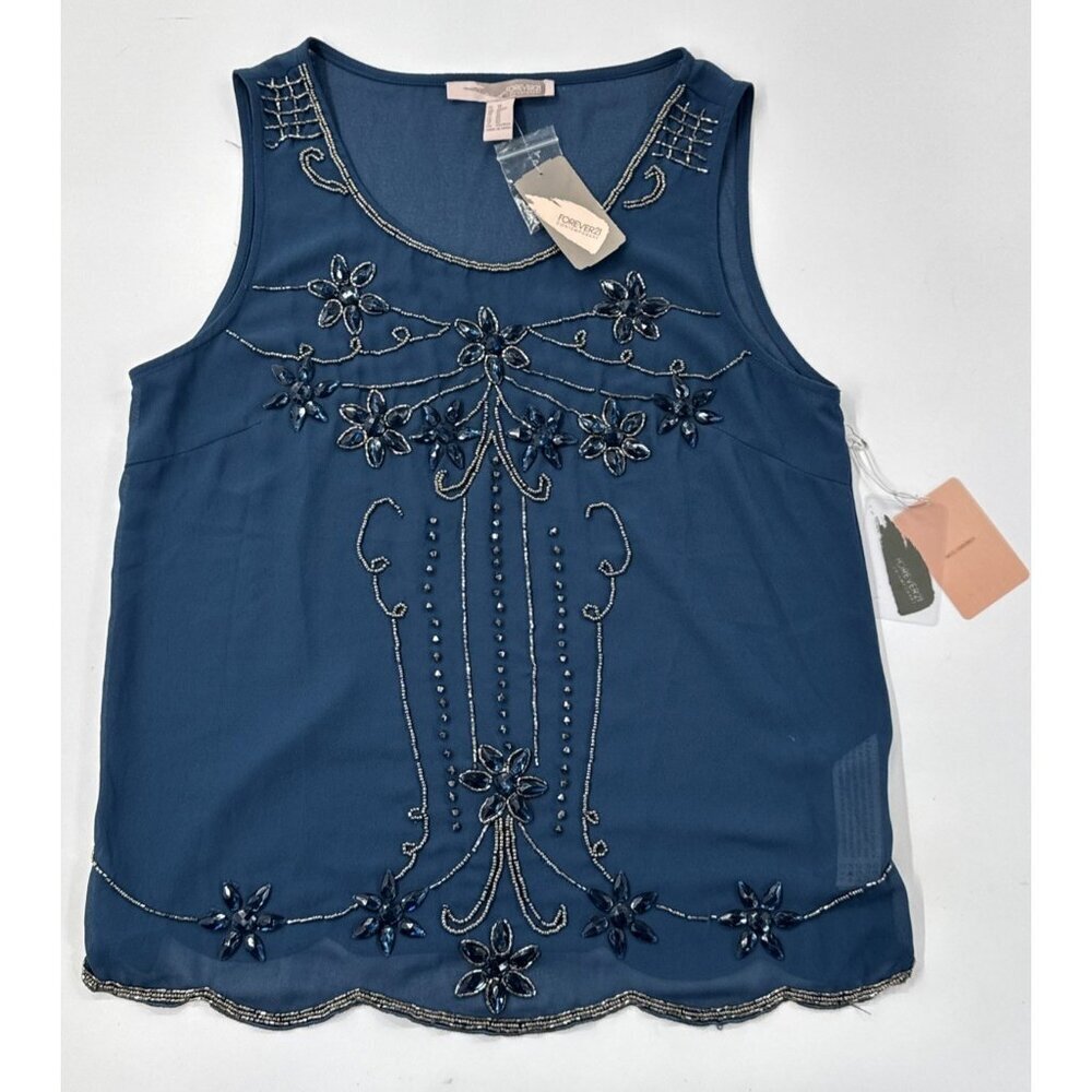 Forever 21 Blouse Womens XS Blue Sleeveless Sequin Ornate Top Dressy Sheer NEW